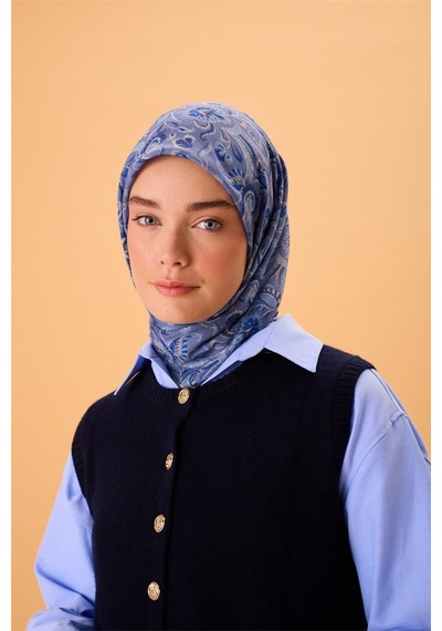 Silk Home İnce Pamuk Soft Eşarp Saks-indigo Desenli Tok Duruşlu 90x90 Çok Renkli