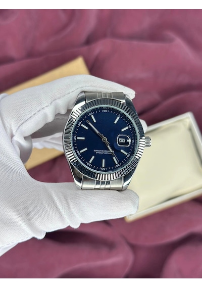 Lacivert Fluted Bezel Otomatik Erkek Kol Saati Gümüş