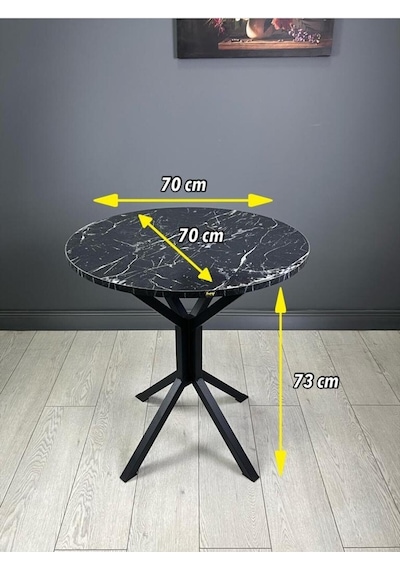 Nisa Siyahmermer Yuvarlak Mutfak Masası Yemek Masa Balkon Masa Metal Siyah Ayak 70 Cm