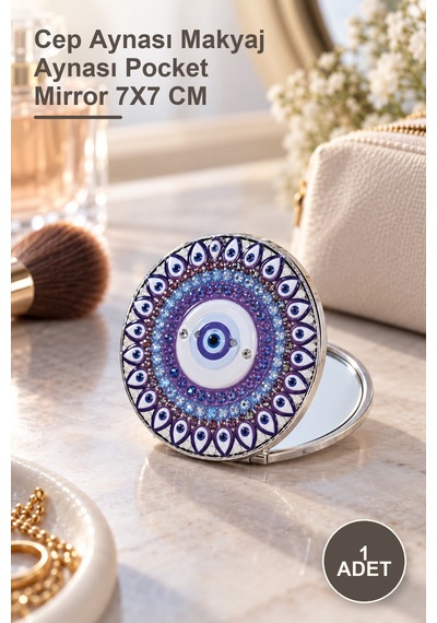 1 Adet Taşlı Nazar Boncuklu İnce El Aynası Cep Aynası Makyaj Aynası Pocket Mirror 7x7 Cm Sarı