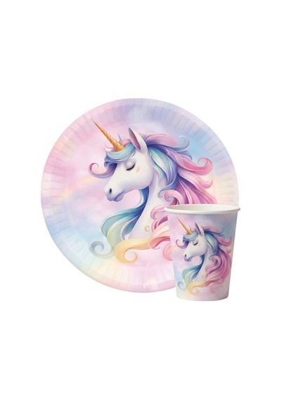 Pembe Unicorn Figürlü 8'li Tabak Bardak Set Tüm Yaşlar
