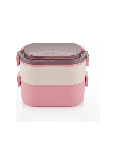 2 Katlı Taşınabilir Yemek Kabı, Lunch Box, Diyet Beslenme Kutusu, Çatal Kaşık Dahil, 11.5 X 21 X 11.5 Cm Pembe-krem Çok Renkli
