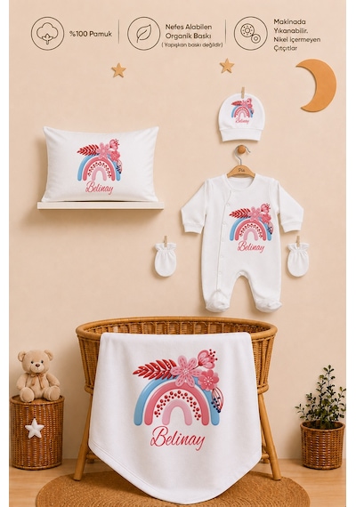 Pia Baby Kız Bebek %100 Pamuk İsme Özel Hastane Çıkışı Tulum Seti Yastık Kılıfı Battaniyeli 2029tybyx Ekru