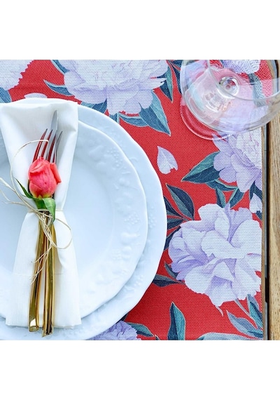 Red - White Rose Kumaş Amerikan Servis 4'lü Set - Keten Kumaş Ulusl. Yıkama Ve Solmama Sertifikası Çok Renkli