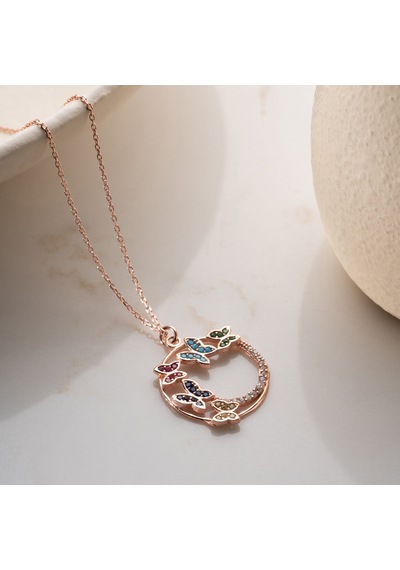 Vaoov 925 Ayar Gümüş Renkli Taşlı Rose Kelebek Kolye Rose