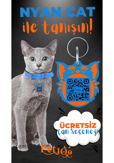 Petjoo 2.Nyan Cat Turuncu-Mavi Qr'lı Kedi Künyesi