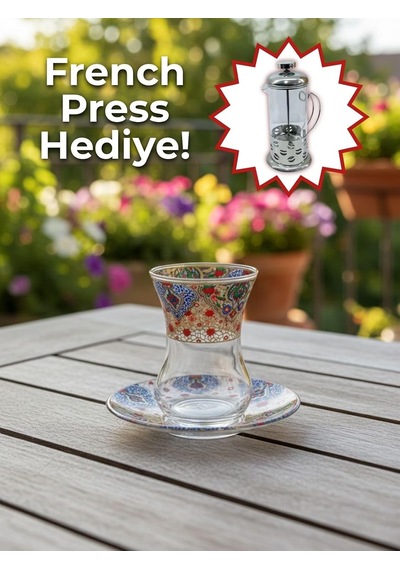 Topkapı 6 Kişilik Çay Seti, French Press Hediyeli, 9 Farklı Osmanlı Desenli Çay Bardağı Takımı 6, Topkapı Kır Diğer