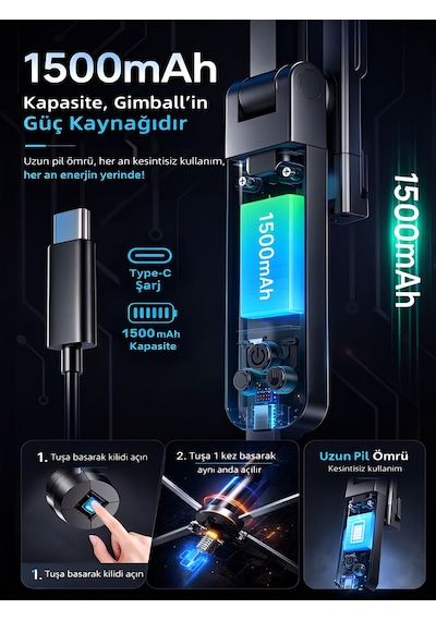1500 Mah Led Işıklı 180 Cm Takip Özellikli Gimbal Tripod Selfie Çubuğu Bluetooth Kumandalı