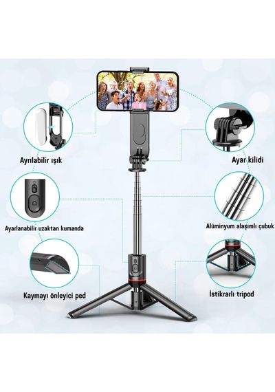 Led Işıklı Selfie Çubuğu & Tripod 111 Cm Uzatılabilir, 360 Döner Telefon Tutucu, Çıkarılabilir Bluetooth Diğer