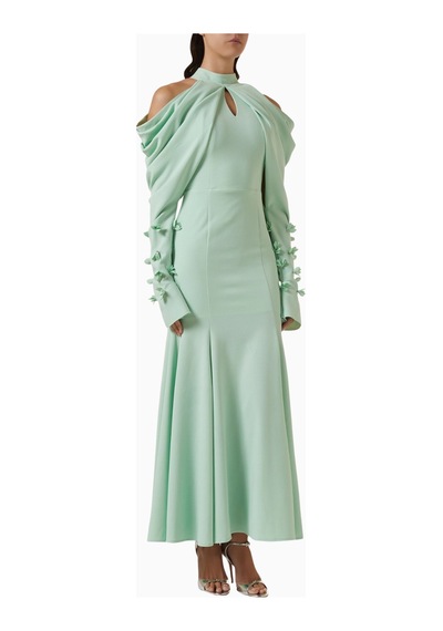 Ac By Aanchal Chanda Draped Off - Shoulder Omuz Açık Çiçek Aplikeli Maxi Kadın Elbise Açık Yeşil