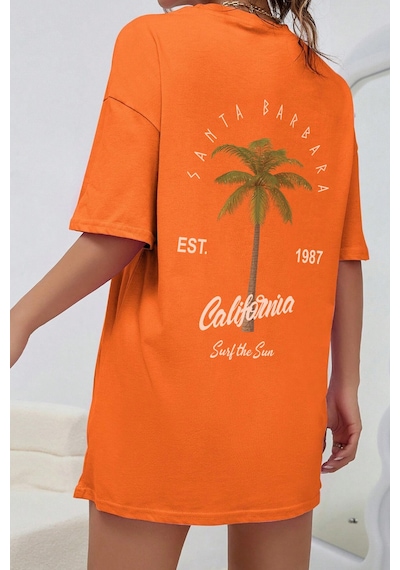 California Baskılı Unisex Oversize Tshirt Turuncu