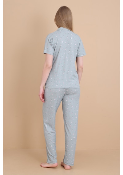 Wordex Mirano 9512 Güllü Pegasus Kumaş Düğmeli Kısa Kolu Kadın Pijama Takımı Yeşil