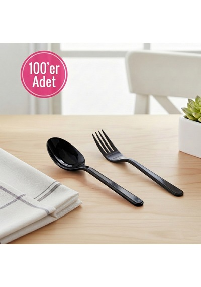 100 'er Adet Siyah Plastik Lüx Çatal Ve Kaşık Seti