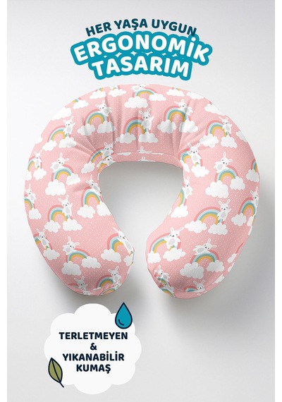 Pembe Gökkuşağı Tavşanlı Boyun Yastığı - Sevimli Çocuk & Yetişkin Pastel Renkli Seyahat Yastığı Tozlu Göl Eflatun