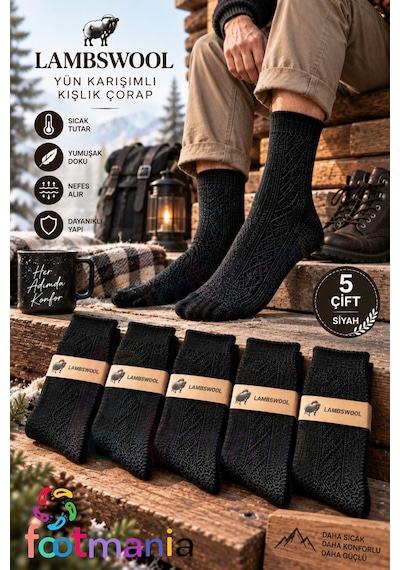 Footmania Erkek Siyah Kışlık Lambswool Çorap 5 Çift