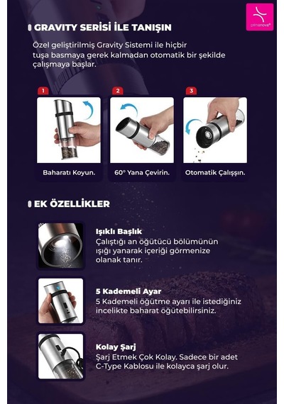 Gravity Paslanmaz Çelik Otomatik Tuz &amp Karabiber Öğütücü Şarjlı - Metalik Diğer