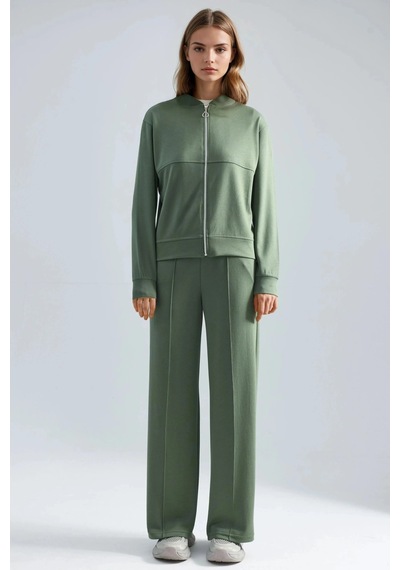 Fiolin Modal Dokulu Fermuarlı Sweatshirt & Nervürlü Pantolon Takımı haki