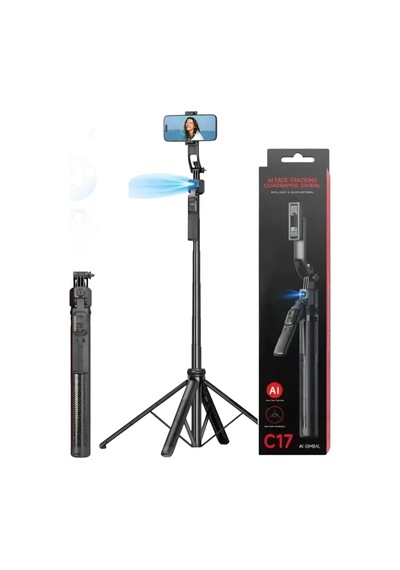 Aı Yüz Takipli Selfie Çubuğu, 163 Cm Uzunluk, 4 Ayaklı Tripod, 360 Dönebilen Gimbal, Siyah