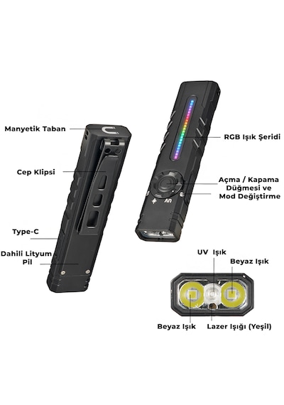İdragon T61s Çok Fonksiyonlu Mıknatıslı Uv Ve Yeşil Lazerli Edc El Feneri - 2000 Lümen, Rgb Işıklı, Type-c Şarjlı Taktiksel Kamp Feneri Çok Renkli