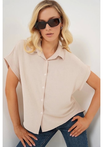 Defymoda Oversize Kısa Kol Gömlek 20322 - Krem Krem