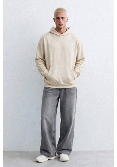 Barrels And Oıl Erkek Kapüşonlu Kanguru Cepli Sweatshirt - Bej Kum Kum