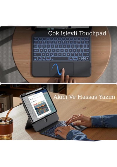İpad Uyumlu Air 11" M2-m3 2024-25 360 Dönen Standlı Işıklı Risser Türkçe Q Klavyeli Tablet Kılıfı