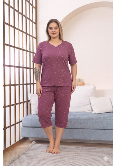 Büyük Beden Kısa Kol Pamuklu Ultrasoft Likralı Kapri Pijama Takımı 8652 GÜL KURUSU