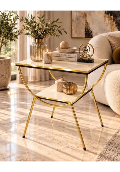 Odera Çift Çift Raflı Yan Sehpa Komodin Metal Ayaklı Retro Modern Sehpa Diğer