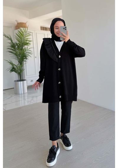Ka Hijab Omzu Fırfır Merserize Hırka - Siyah Siyah