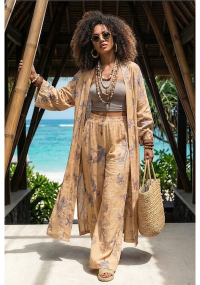 Fashion Cocktail Çiçek Yapraklı Baskılı Oversize Kimono Kaftan Lastikli Pantolon Doğal Gofre Bohem Takım Karamel Fashion Cocktail Çiçek Yapraklı Baskılı Oversize Kimono Kaftan Lastikli Pantolon Doğal Gofre Bohem Takım Karamel