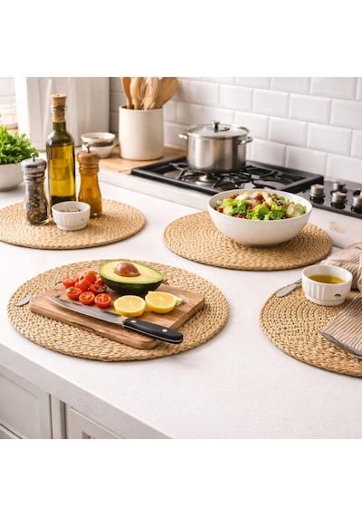 Ayrex Doğal Hasır Suple 4'lü Set Yuvarlak Amerikan Servis, El Yapımı Hasır Placemats, Kaymaz Dayanıklı Masa Altl Diğer