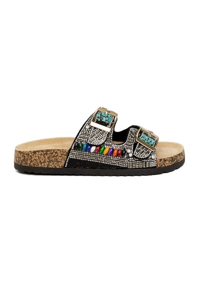 Guja 25y102-2 Kadın Taşlı Çift Toka Comfort Düz Taban Terlik Camel