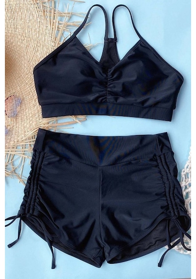 Angelsin Yanlardan Ayarlı Büzgülü Deniz Şortlu Tankini Bikini Takım 001