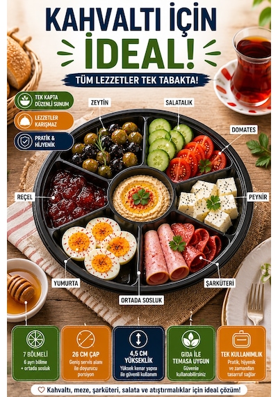 7 Bölmeli Kahvaltı Meze Kabı Kapaklı 26 Cm Tek Kullanımlık Salata Sunum Ve Paket Servis Kabı Seti Siyah