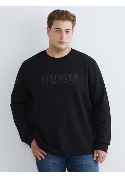 Lcwaıkıkı Classic Siyah Büyük Beden Bisiklet Yaka Baskılı Erkek Sweatshirt