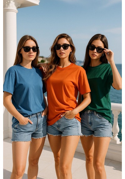 Kadın 3'lü Paket Mavi-yeşil-turuncu %100 Pamuk Oversize Basic Tişört Bisiklet Yaka Relaxed T-shirt Çok Renkli