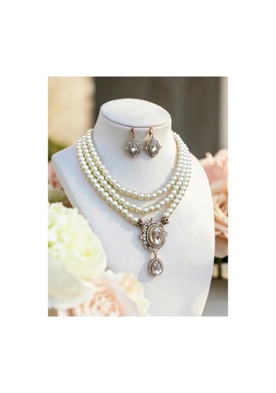 Beyaz Kristal Taşlı İnci Kolye Ve Küpe Seti 72418040