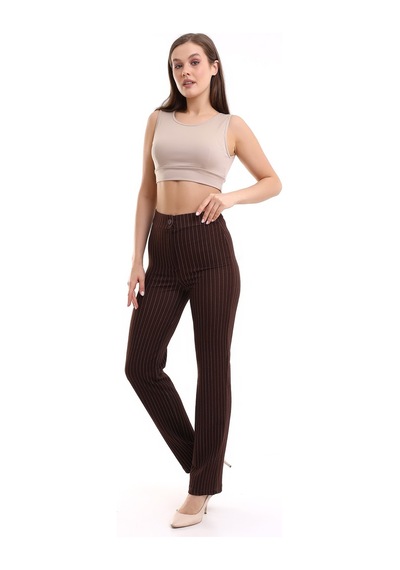 Winmoda34 Yüksek Bel Çimalı Palazzo Kumaş Pantolon Nevrulu Çizgili-kahve