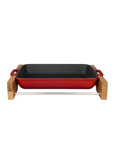 Lava Döküm Dikdörtgen Rosto ve Fırın Tepsisi Kayın Servis Ahşabı Döküm Demir Yekpare Çift Kulplu Ölçü 22x30cm. - Kırmızı