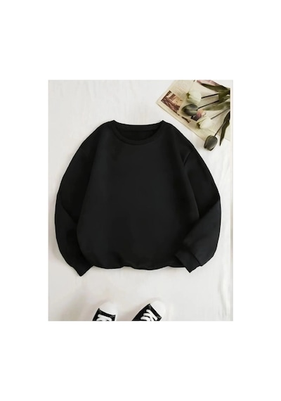 Kadın 3 İplik Pamuklu Bisikilet Yaka Sweatshirt - Siyah