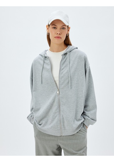 Koton Uzun Kollu Üç İplik Pamuklu Fermuarlı Kapşonlu Sweatshirt Gri 5wak10225ek Gri