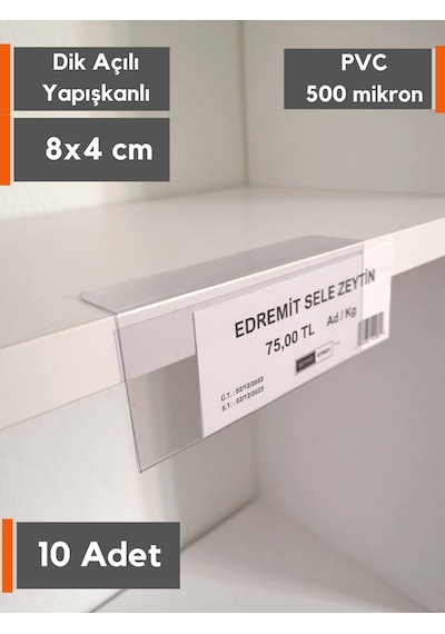 10 Adet Pvc Etiketlik Raf Önü Dik Yapışkanlı 8x4 Cm Vitrin Etiket