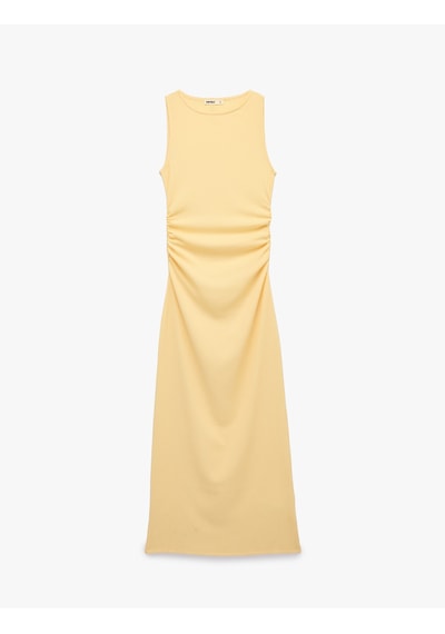Koton Drape Detaylı Bisiklet Yaka Kolsuz Dokulu Kobalt Mavi Bodycon Elbise Sarı 6sak80334ek