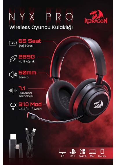 Redragon Bt-2.4g-wired 7.1 Sound Anc Kablosuz Oyuncu Kulaklık H891