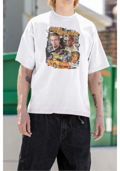Hızlı Ve Öfkeli Paul Walker Baskılı Unisex Tişört. Oversize Fast Beyaz