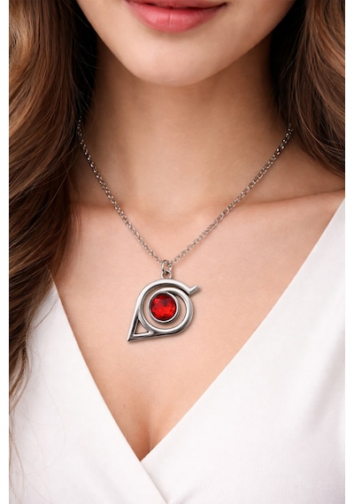 Naruto Konoha Sharingan Kolye Gümüş Renk 60 Cm Unisex Metal Zincir Çok renkli