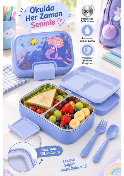 Titiz Happii 1030 Ml Çelik Bölmeli Beslenme Kabı Sızdırmaz Silikon Contalı Çatal Kaşık Setli Çok Renkli