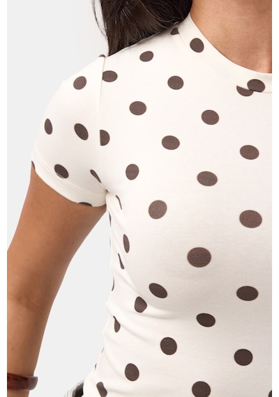 Kadın Ekru Puantiyeli S6-101 Crop Fit T-shirt