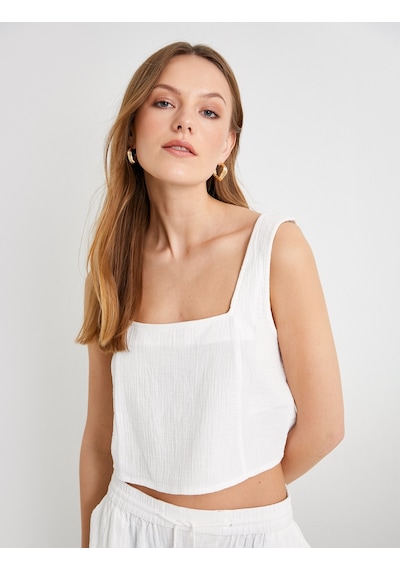 Koton Crop Atlet Kare Yaka Kalın Askılı Pamuklu Beyaz 4sak30021pw Beyaz