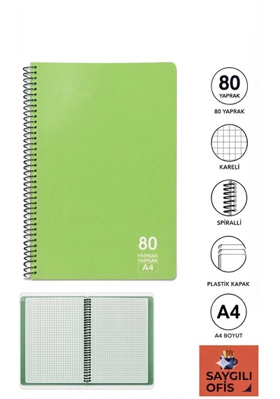 Saygılıofis 80 Yaprak A4 Spiralli Pp Kapak Kareli Defter Yeşil